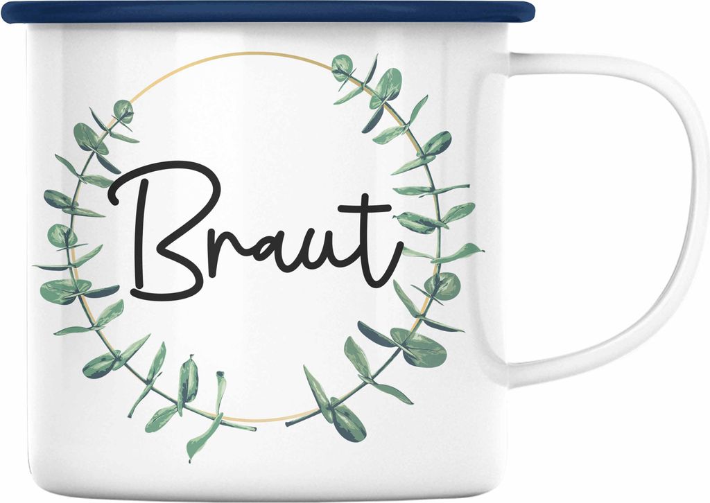 Trendation - Braut Emaille Tasse Geschenk Hochzeit Heiratsantrag Geschenkidee zur Hochzeit (Blau)
