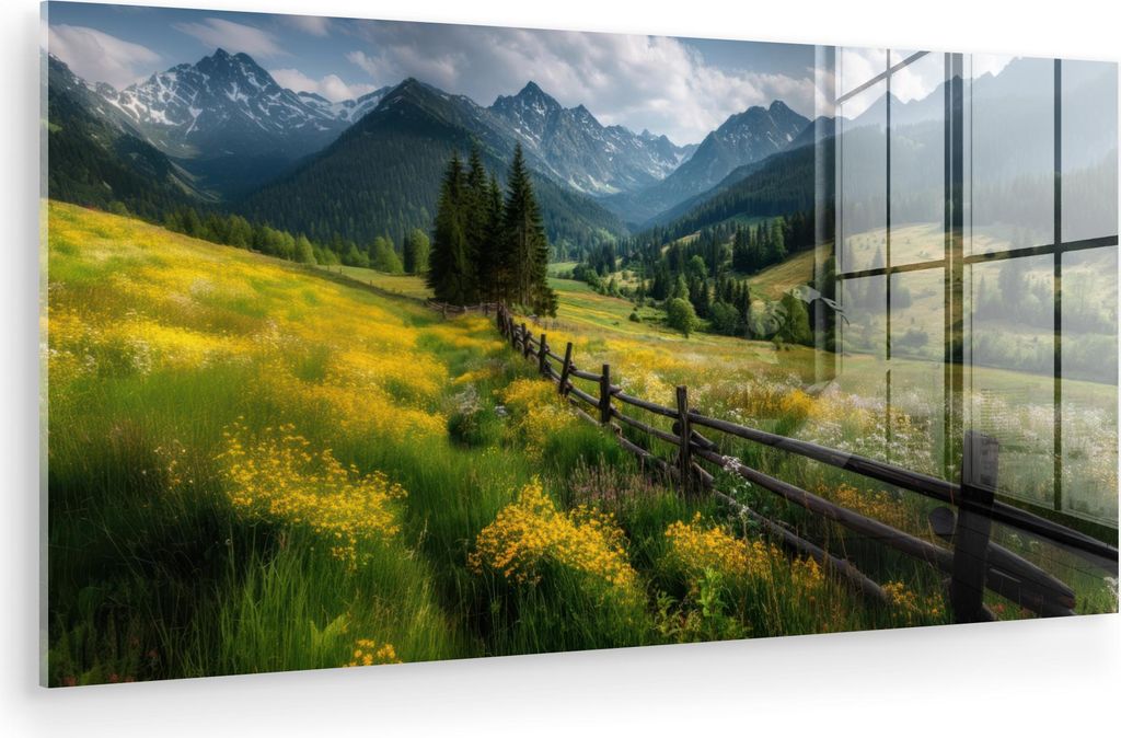 MuchoWow Glasbilder - Bilder auf Wandbild - Foto auf Glas Feld - Zaun - Berge - Blumen 80x40 cm Wanddekoration aus Glas - Acrylglasbild - Acrylbild...