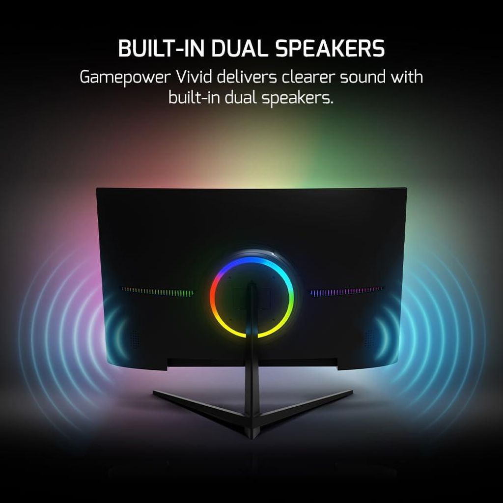 The back of a black monitor with a colorful ring light and sound wave graphics emanating from it.