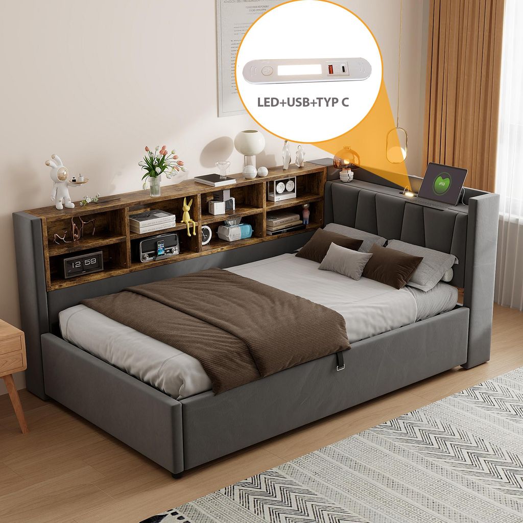 okwish Tagesbett 90×200 mit Nachtlicht und Bettkasten, Produktbild 