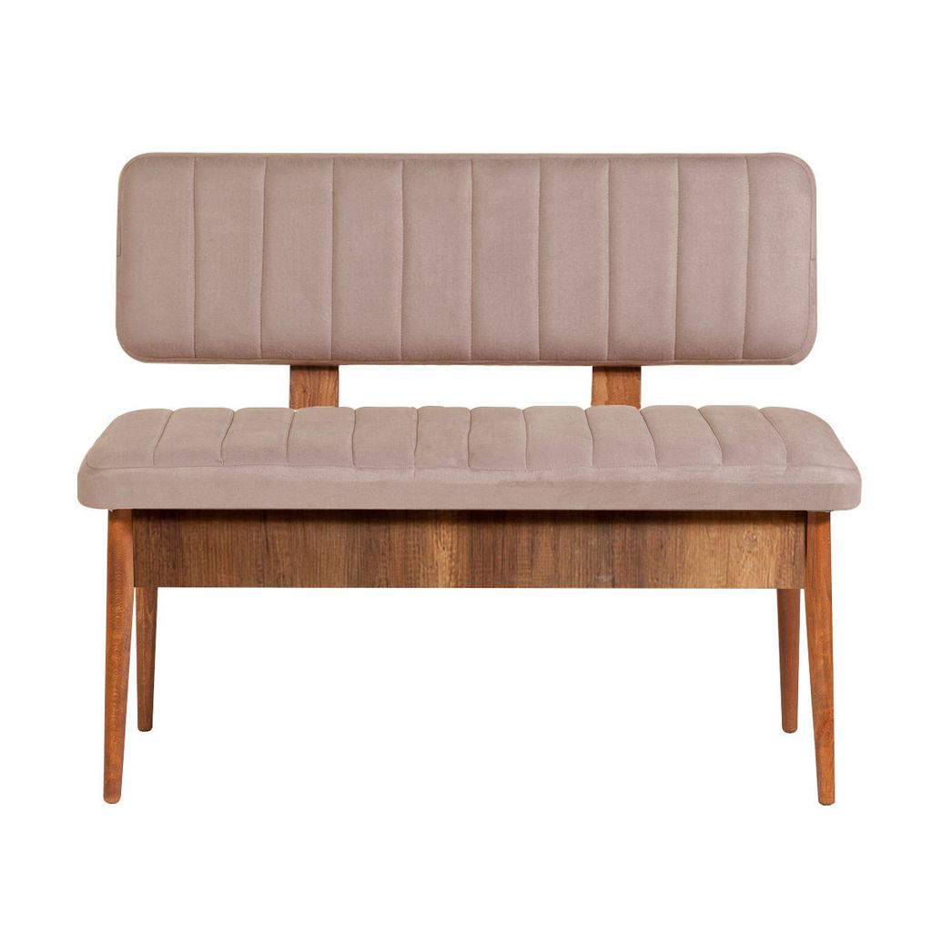 A studio shot of a beige upholstered bench with a wooden base and legs, presented against a white background.