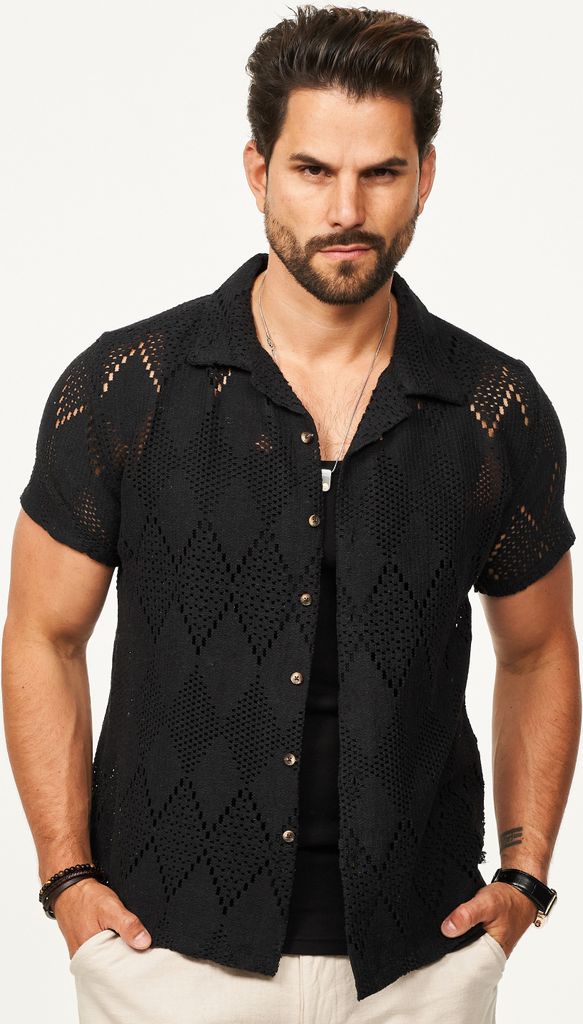 SOULSTAR Herren Kurzarmhemd im Vintage Summer-Look als Kurzam Strick Hemd Herren Strick Polo-Hemd T-Shirt im Regular-Fit Festival Hemd