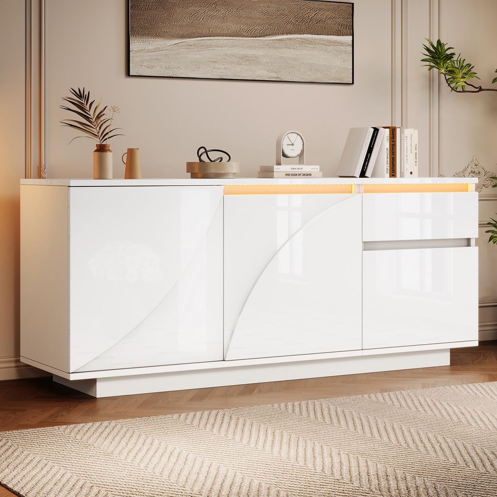 Merax Sideboard mit 3 Schränken und 1 Schublade, Wohnzimmerschrank mit verstellbare Regale und LED-Beleuchtung, Kommode Seitenschrank aus MDF, Weiß