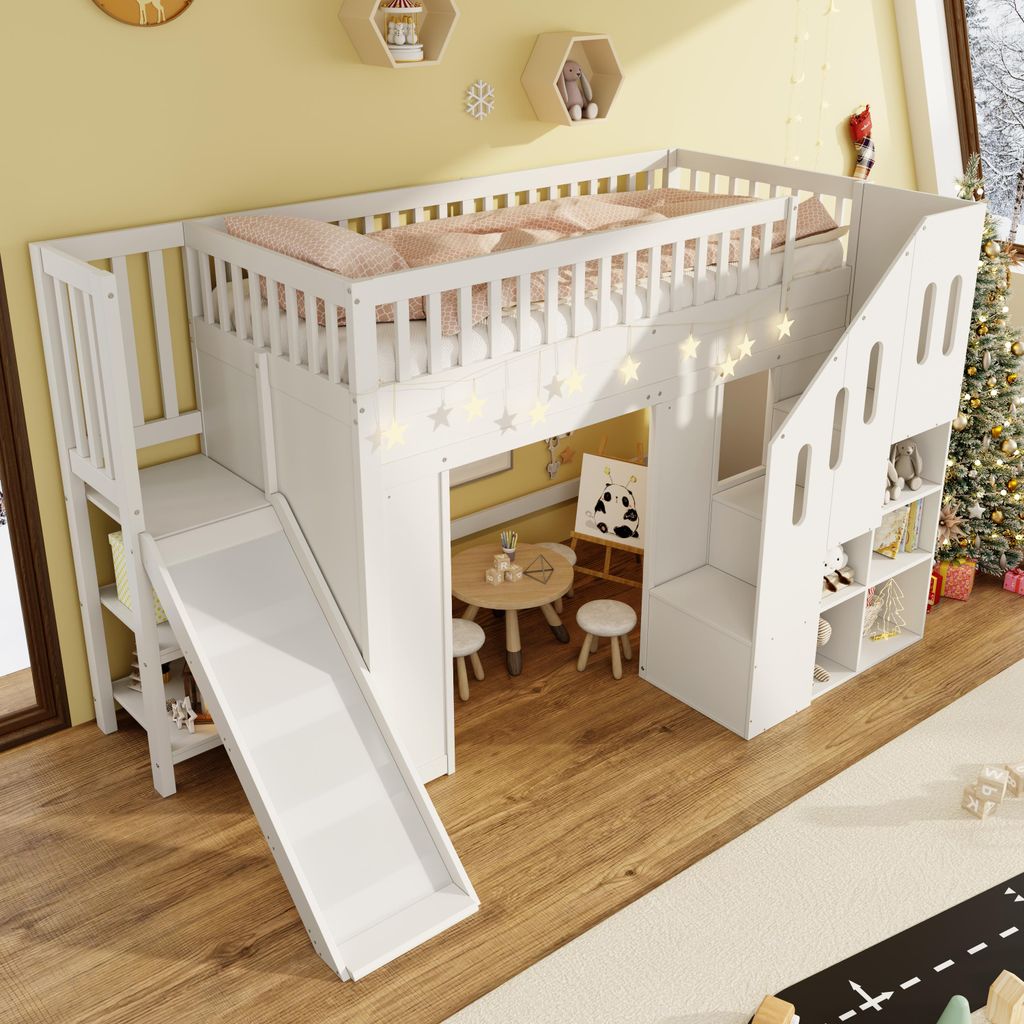 okwish Hochbett 90x200cm Etagenbett mit Rutsche,Kinderbett Untergeschoss mit frei kombinierbarem Raum,Jugendbett mit Rausfallschutz und LED-Lichtle...