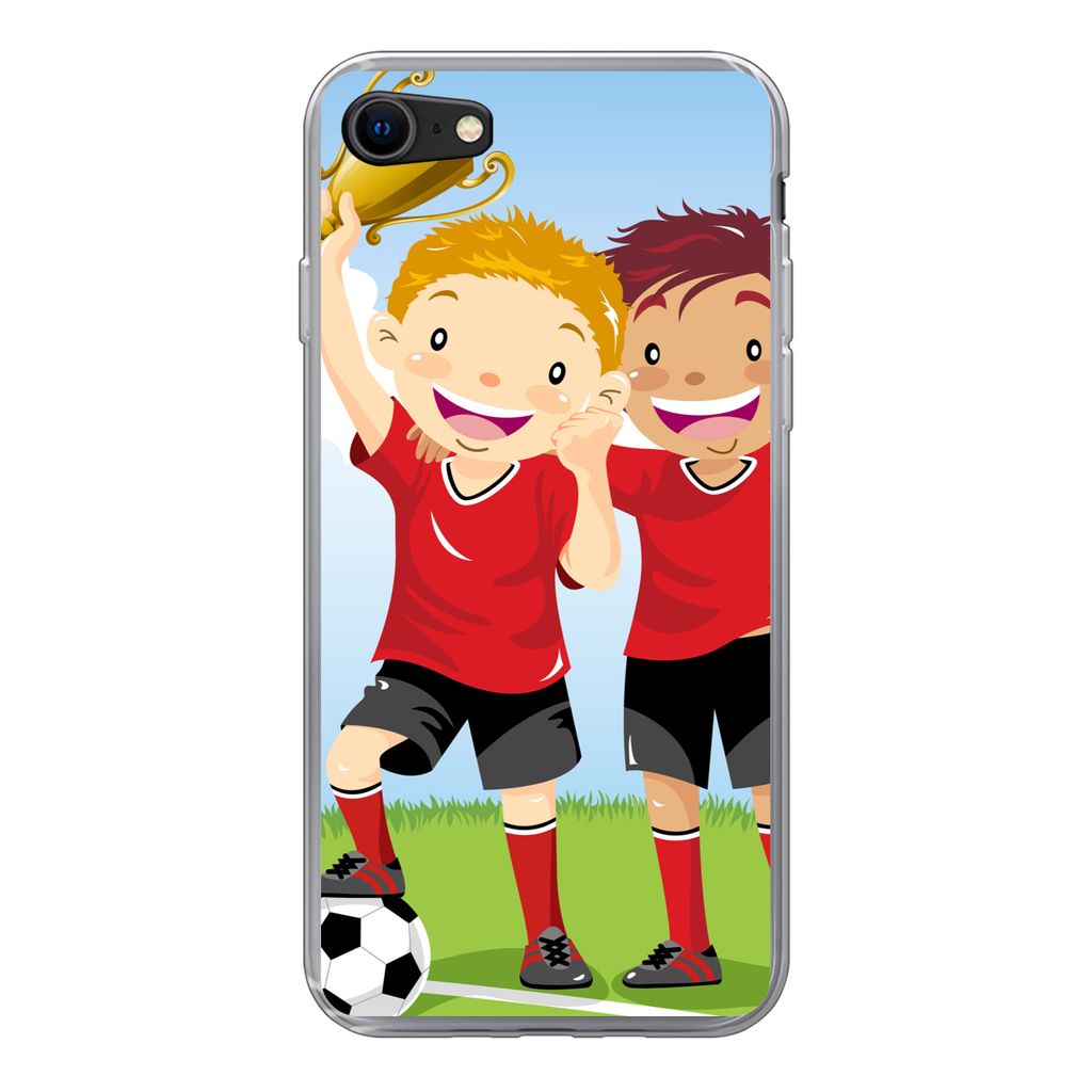 MuchoWow Handyhülle Schutzhülle Hülle für iPhone SE 2020 Eine Illustration von zwei Fußballspielern, die einen Preis gewonnen haben - Jungen...