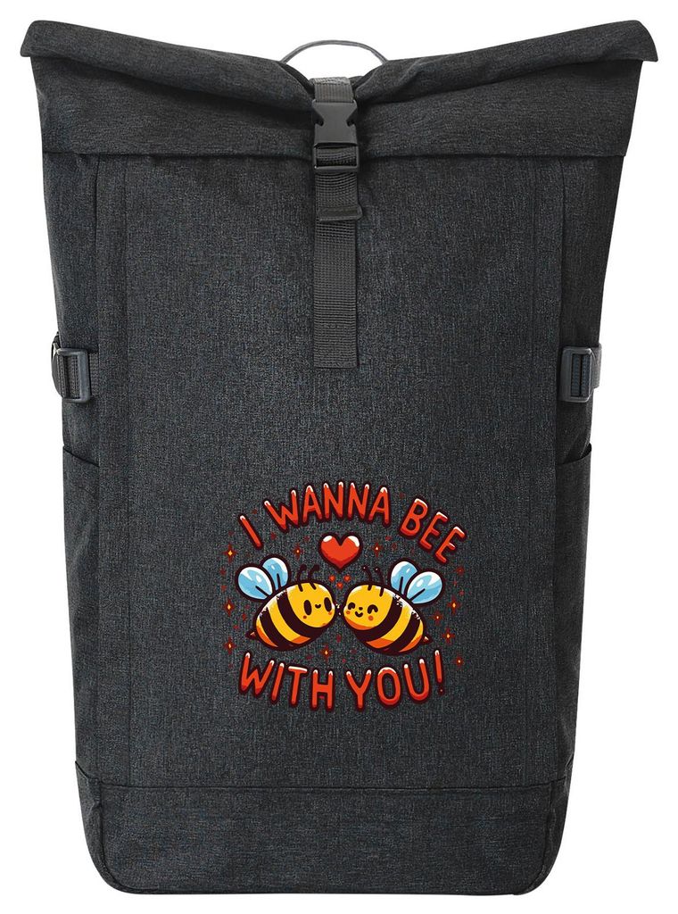 Huuraa Kurierrucksack Wanna Bee with you. Bienen 30-44 Liter Black Melange Fairtrade Rolltop Rucksack Geschenkidee