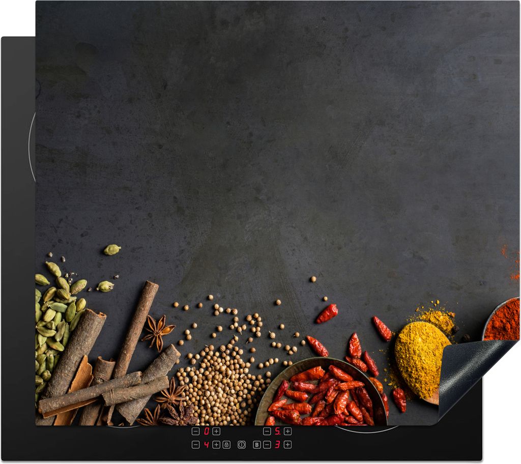 KitchenYeah Herdabdeckplatte Kräuter - Lebensmittel - Gewürze - Schwarz - Paprika - Zimt , 57x51cm, Küche Deko, Glaskeramikfeld Herdabdeckung,...