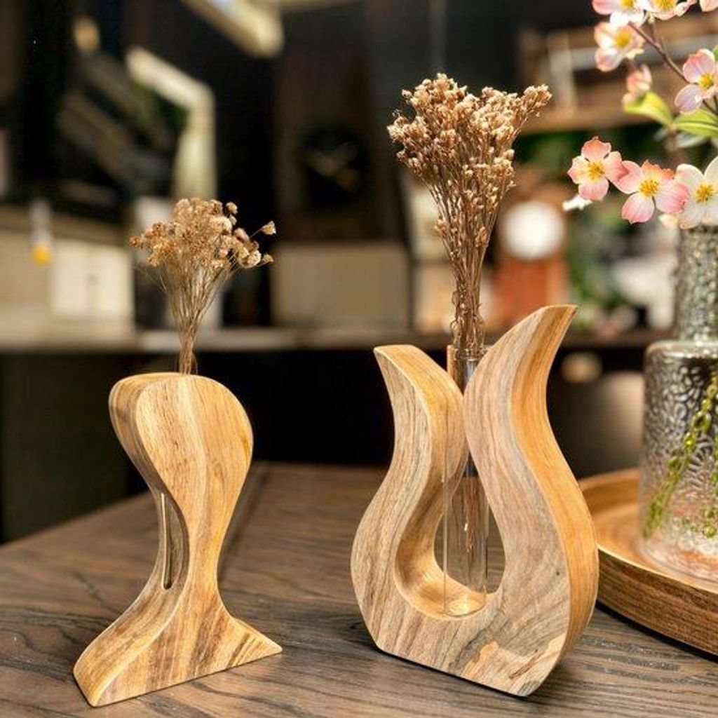 Holz-Decorations-Set mit 2 Vasen, kleine Tischdekoration - handgefertigte Vasen aus massivem Mango-Holz - kleine Vasen für getrocknete Blumen & ei...