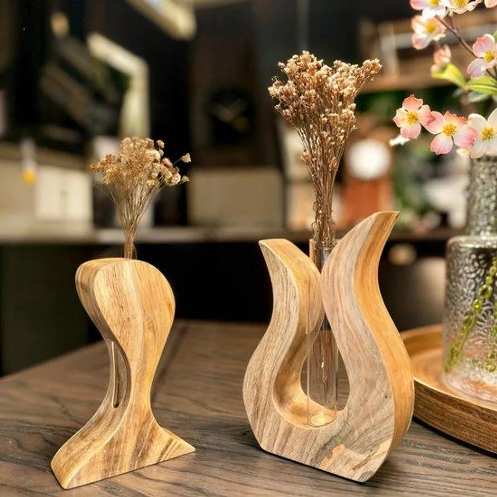 Duo de petits vases artisanaux en bois naturel pour bouquet de fleurs