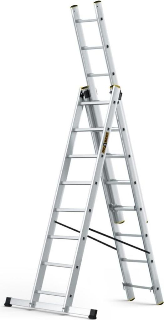 A multi-purpose aluminum ladder shown in an A-frame configuration.