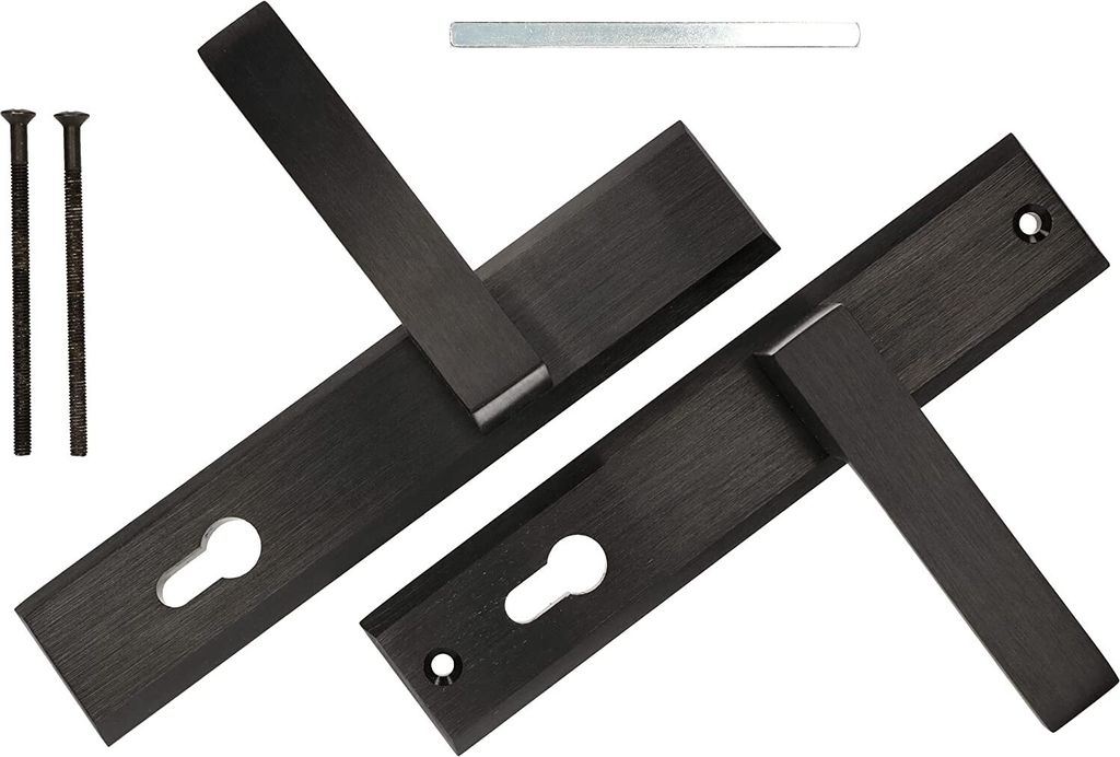 A set of black door handles with mounting hardware on a white background.