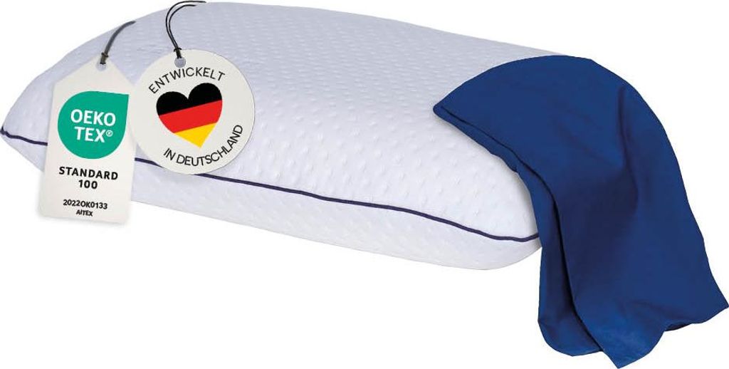 Nackenstützkissen, Reisekissen SUPER TRAVEL inkl. blauem Schonbezug, Memory Schaum, Rücken- & Seitenschläfer, CASIMUM
