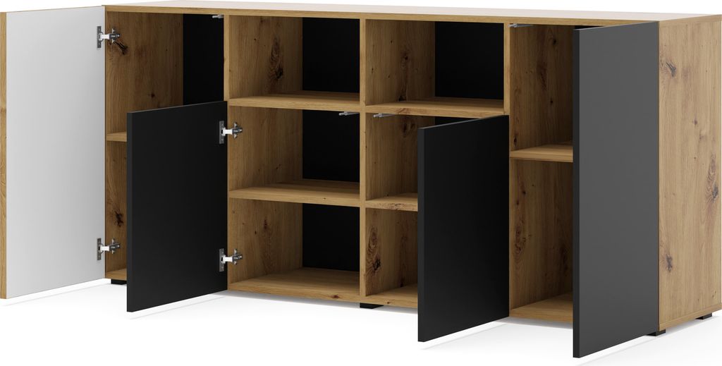 Bellamio Tana Kommode Schwarz 185cm - Sideboard Mit 4 Türen & 8 Fächern