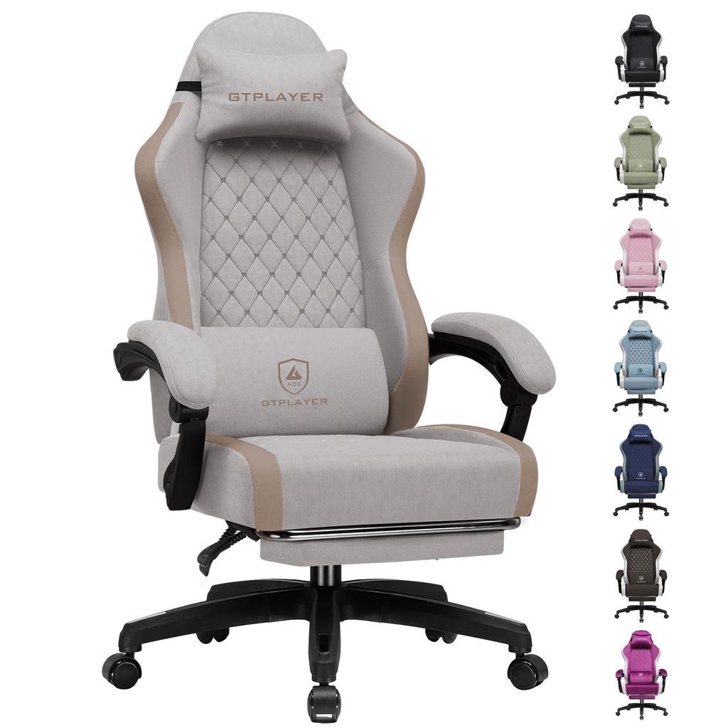 GTPLAYER Gaming Stuhl Ergonomischer, PC Stuhl Atmungsaktiver Stoff, Groß und Hoch Drehbarer Schreibtischstuhl mit Fußstütze, hellbraun