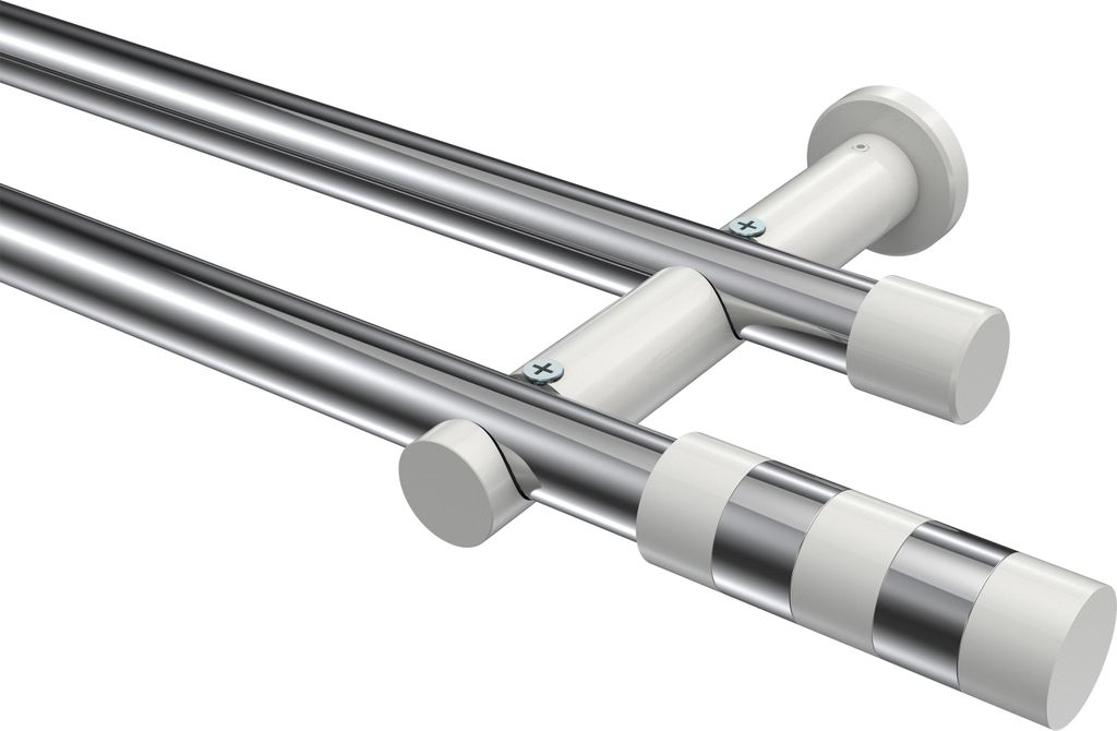 Interdeco Gardinenstange / Vorhangstange Chrom / Weiß, Typ Platon Mavell (Zylinder Bicolor) ohne Ringe, 20 mm Ø 2-läufig, 360 cm