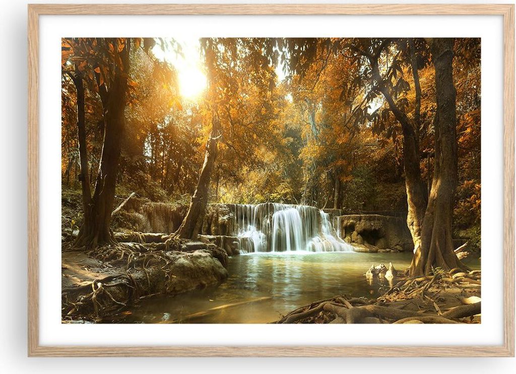 Gerahmtes Poster - Rahmen in heller Eiche - Park Wasserfall Wasser - 70x50 cm - Wand Bild - Wanddeko - Wandbilder - Wandposter - Bilderrahmen - Bil...