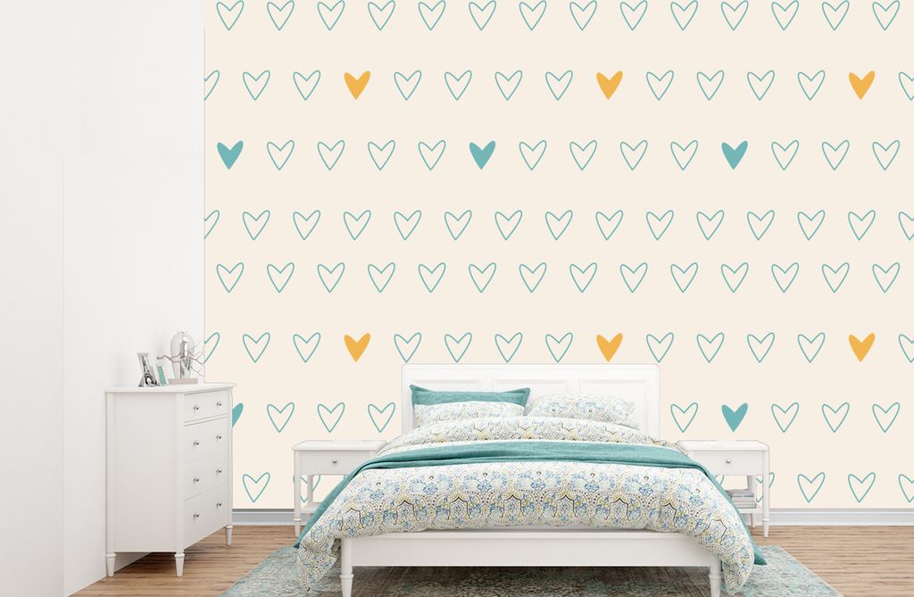 MuchoWow Fototapete für Wohnzimmer oder Schlafzimmer Wandtapete Vinyl Motivtapete Minimalismus - Muster - Baby - Herz - 415x300 cm - Küche