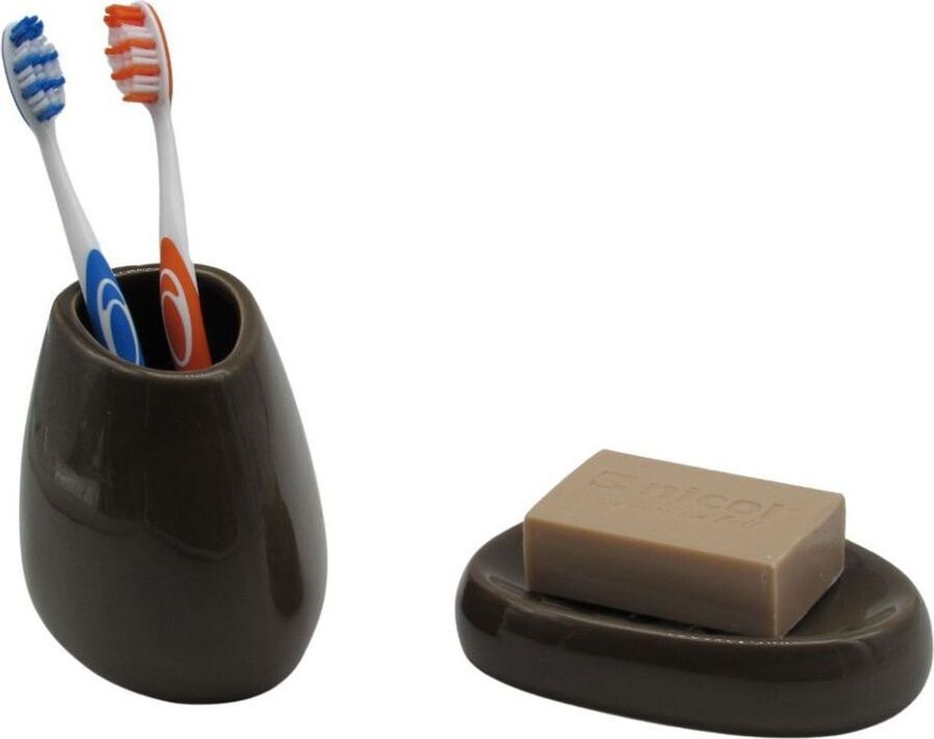 Sanwood 2tlg Set Bad Accessoires Seifenschale Zahnbürstenhalter Stone Kaki