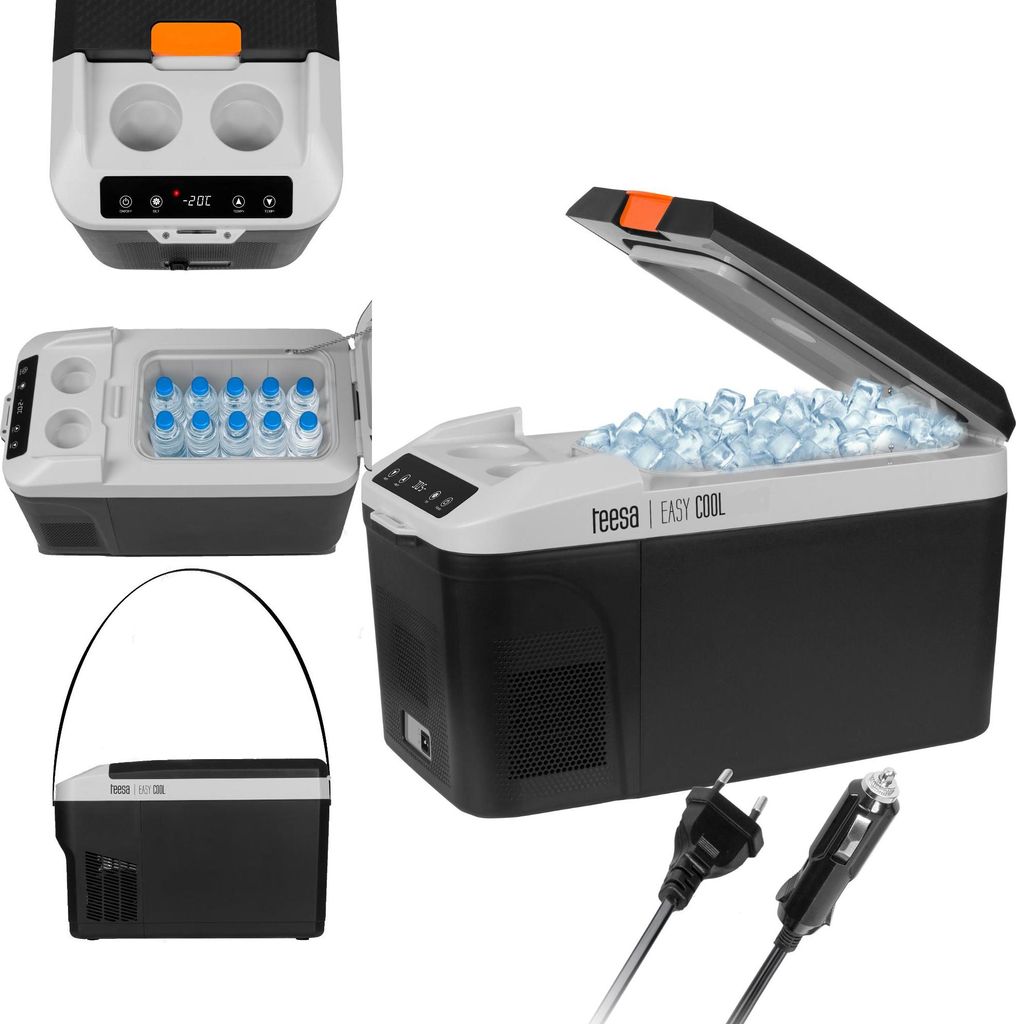 A collage of images showing a portable cooler box from different angles, including its interior with bottles and ice, and its accessories.
