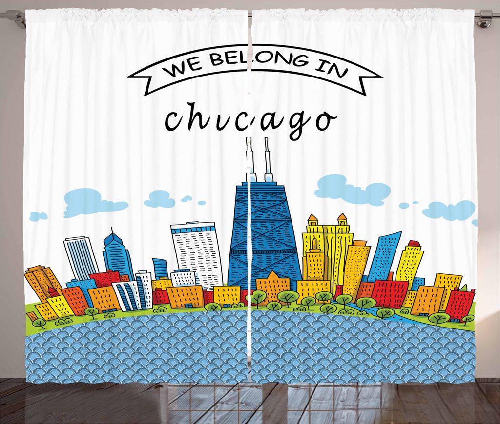 ABAKUHAUS Landschaft Rustikaler Vorhang, Chicago USA Cartoon, Wohnzimmer Universalband Gardinen mit Schlaufen und Haken, 280 x 245 cm, Mehrfarbig