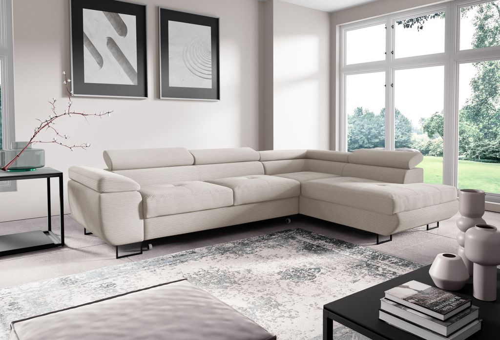 ANTONIO Ecksofa ANTON Höhenverstellbare Kopfstütze, Ottomane rechts/links, Schlaffunktion&Bettkasten, Eckarniutur L-form, Bezug Cord in Hellbeige