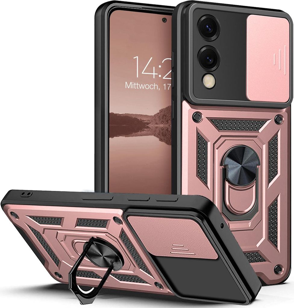 A rose gold and black armor phone case with a ring holder is displayed with a phone inside.