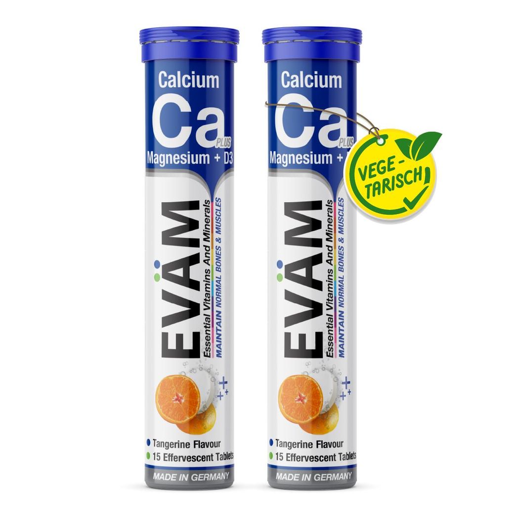 EVÄM Calcium Magnesium D3 Brausetabletten, hochdosiert für Knochen und Muskeln, Vegetarisch, Zuckerzusatz, Hergestellt in Deutschland - 2er Set