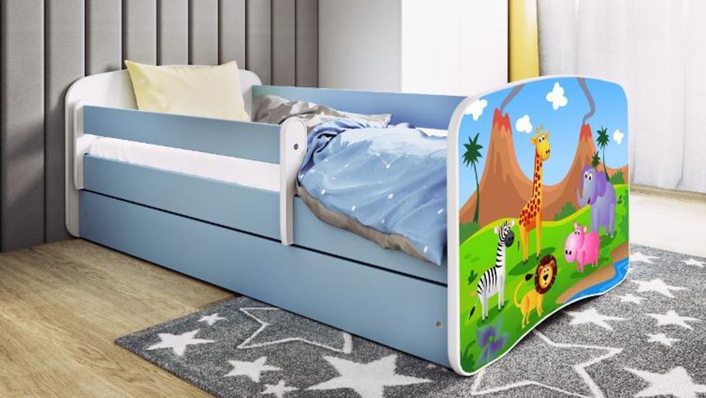 Kinderbett Jugendbett Safari 70x140, 80x160, 80x180 cm - Komplettset mit Matratze, Schublade & Rausfallschutz