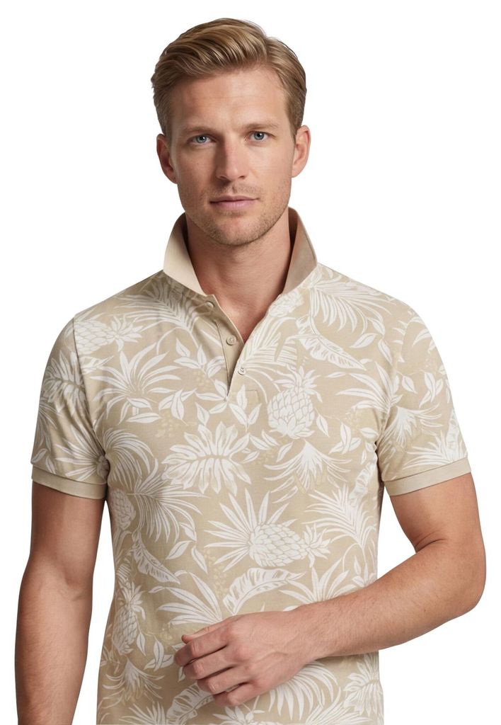 Gant Poloshirt Kurzarm beige mit V-Ausschnitt, weiter Passform und subtilem Druck