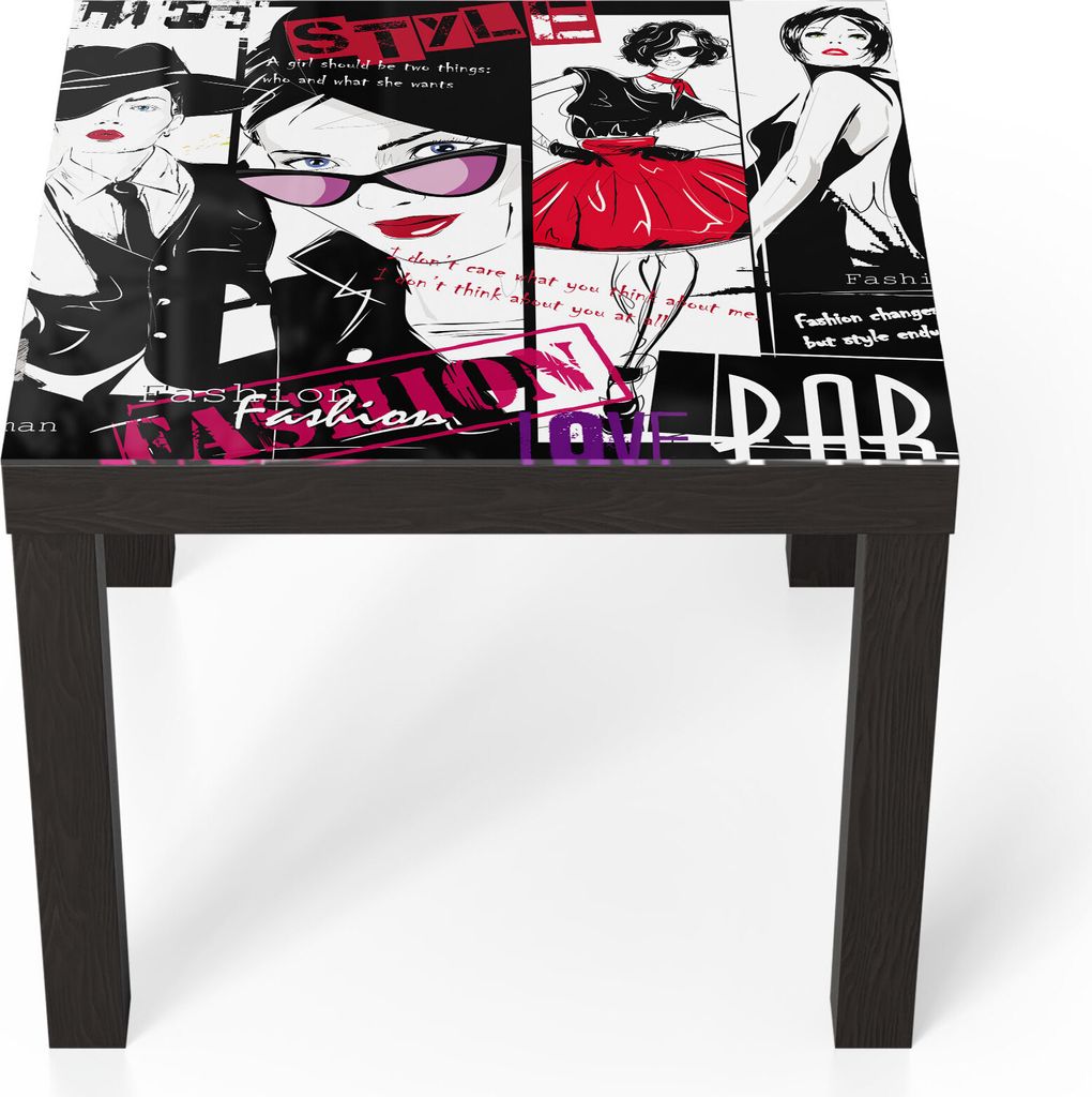 DEQORI Couchtisch 55x55 cm Schwarz 'Mannequin Zeichnungen' Glas Beistelltisch