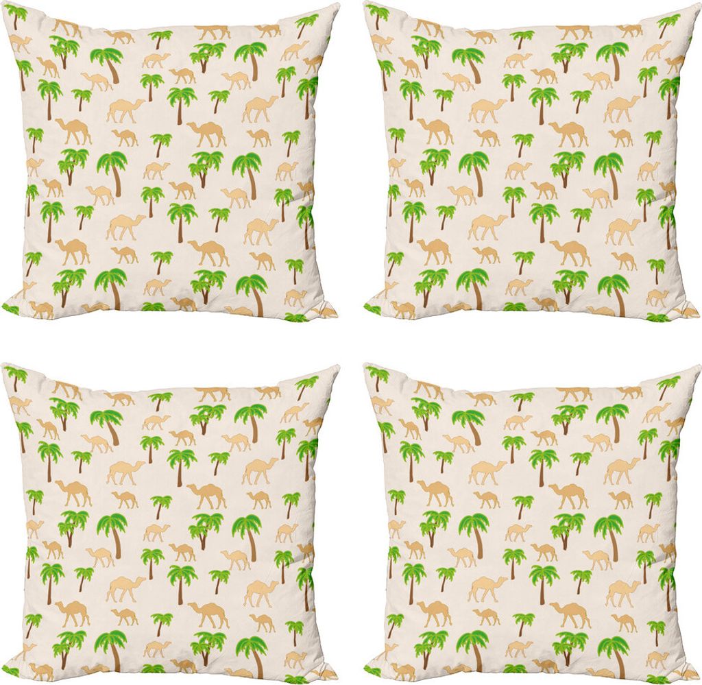 ABAKUHAUS Oase Kissenbezug Set (4 Stück), Repeating Kamele und Palmen, Moderner Doppelseitiger Digitaldruck, 60 cm x 60 cm, Eischale und Multicolor