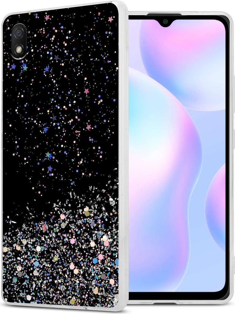 Cadorabo Hülle für Xiaomi RedMi 9A / RedMi 9AT in Schwarz mit Glitter Schutzhülle aus flexiblem TPU Silikon mit funkelnden Glitter Case Cover Et...