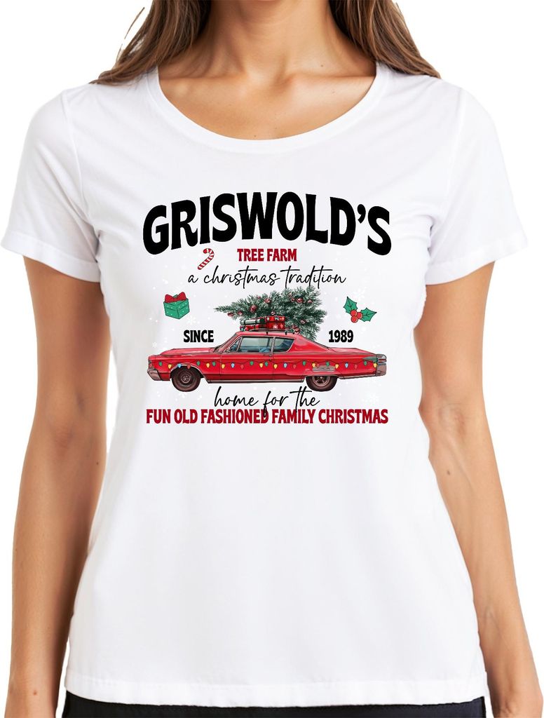Griswold's Tree Farm a Christmas Tradition Vintage Car Damen T-Shirt, Weiß, XXL