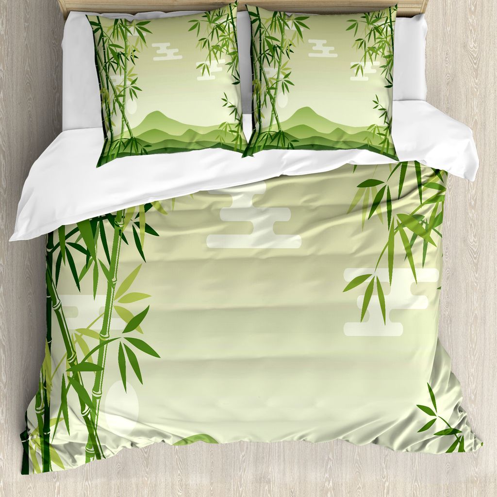 ABAKUHAUS Grünes Blatt Bettbezug, Japanischer Bambusbaum, Milbensicher Allergiker geeignet mit Kissenbezügen, 200 cm x 200 cm - 80 x 80 cm, Lime ...