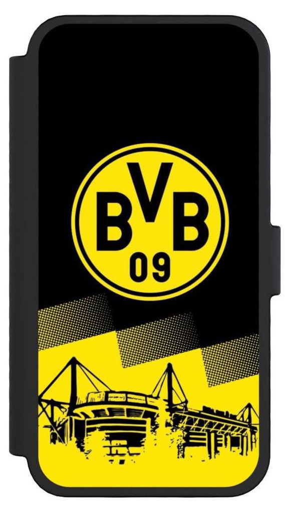 NIVOCASE Klapphülle für Apple iPhone 16 Pro Handyhülle aus Kunst Leder NIVOflip schwarz BVB Borussia Dortmund Stadion
