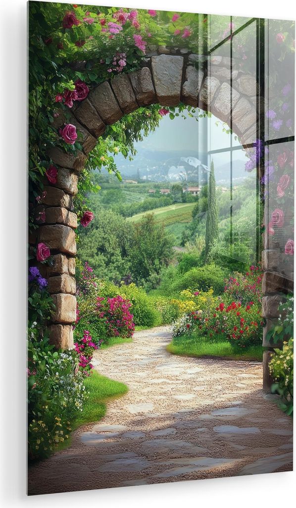 MuchoWow Glasbilder - Bilder auf Wandbild - Foto auf Glas Durchblick - Landschaft - Blumen - Weg - Aussicht 60x90 cm Wanddekoration aus Glas - Acry...