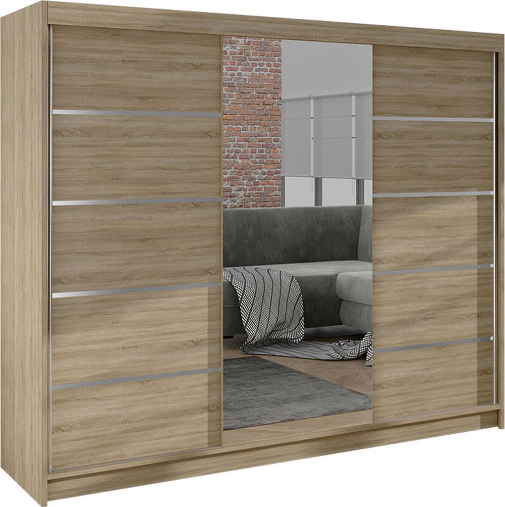 MIRJAN24 Schiebetürenschrank Derby VI, Kleiderschrank, Stilvoll Schlafzimmer Garderobenschrank (Farbe: Sonoma Eiche)
