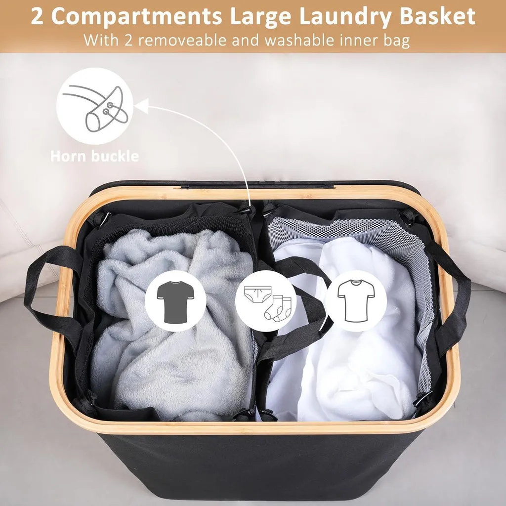 Panier à linge 2 compartiments 150L avec sacs amovibles et couvercle