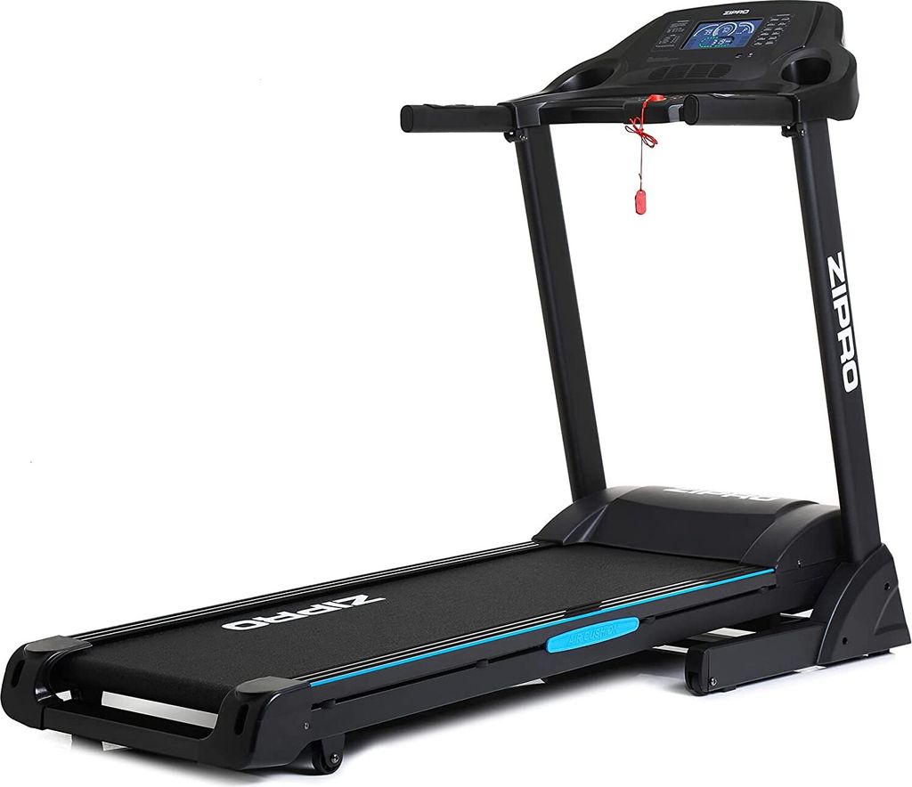 A black treadmill with blue accents is shown against a white background.