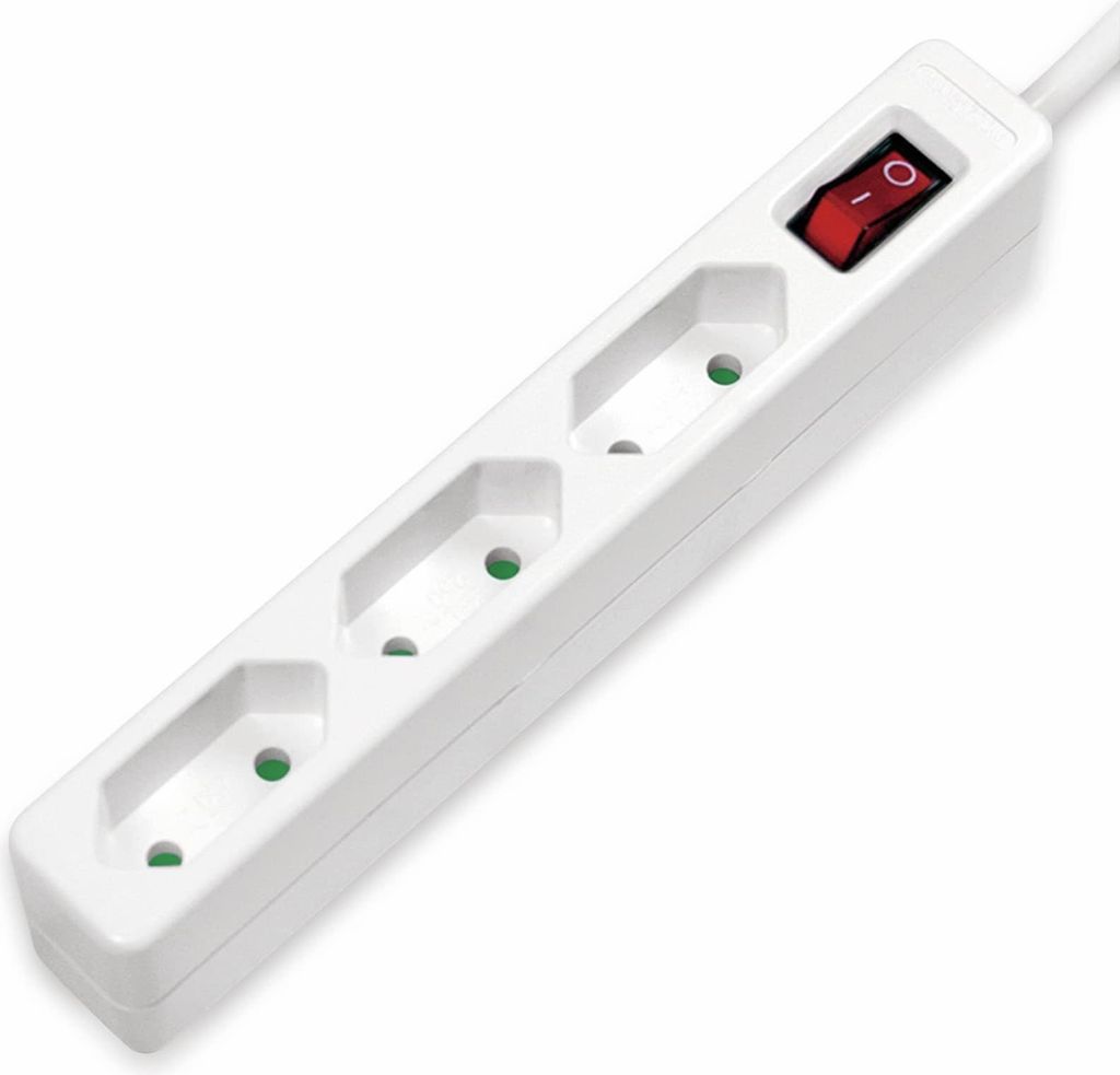 A white power strip with three sockets and a red on/off switch is shown against a white background.