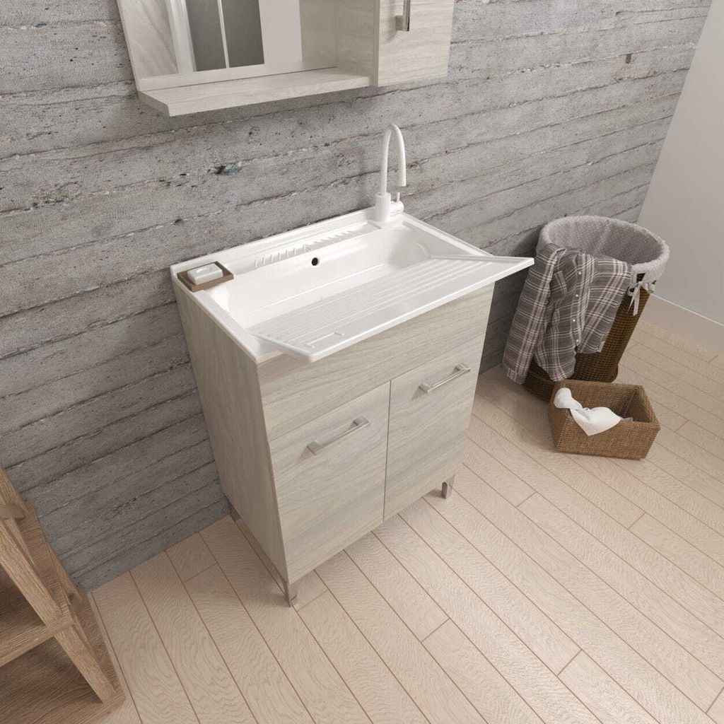 Waschbecken innen 60cm 2 Türen Eiche Grau mit Waschbrett | Produktbild 