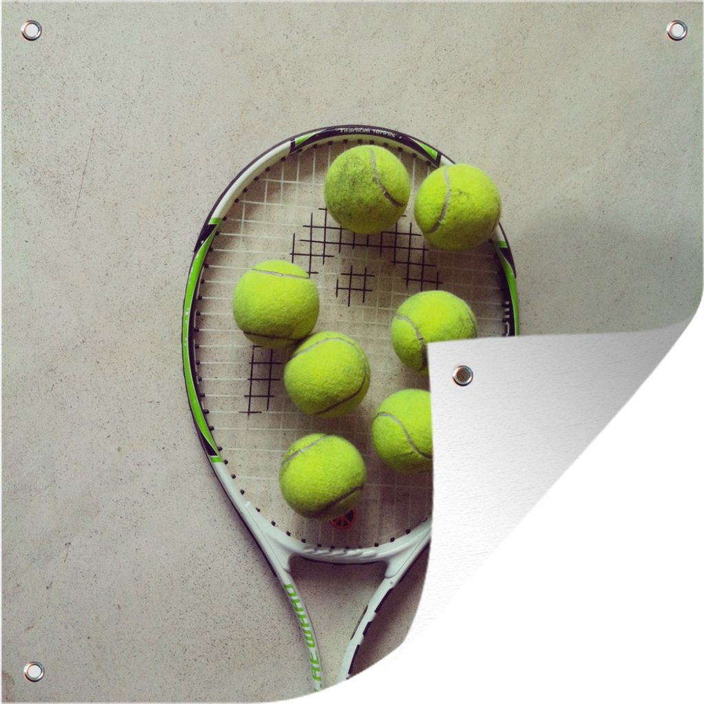 MuchoWow 100x100 cm Outdoor-Poster Gartendeko Sichtschutz Garten Poster für den Garten Tennisschläger mit vielen Tennisbällen