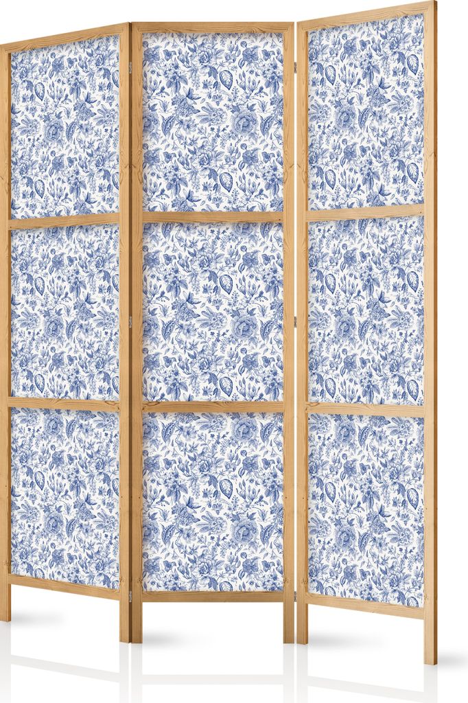 3-teiliger Einseitiger Vlies Japanischer Paravent - Illustration in Vintage Style - Blue Flowers on a White Background 135x172 cm Abstrakt b-B-1045...