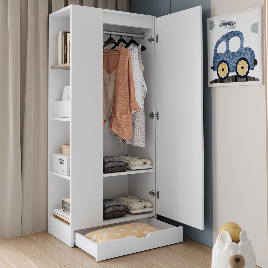 okwish Schlichtes Kleiderschrank Garderobenschränke mit eintürige Ausführung,Aufbewahrungsschrank mit t Einlegeböden und Schubladen,Weiß