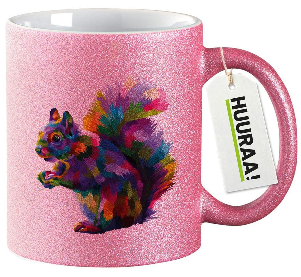 Huuraa Glitzertasse Eichhörnchen Colorful 330ml Pink Keramik Kaffeebecher Geschenkidee