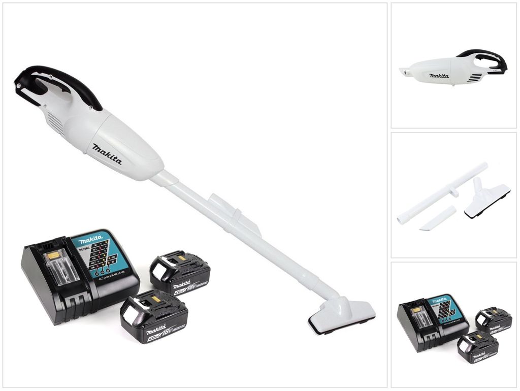 A white cordless vacuum cleaner with two batteries and a charger, displayed on a white background.