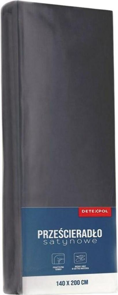 A rolled-up dark gray satin bedsheet is presented vertically against a light gray background.