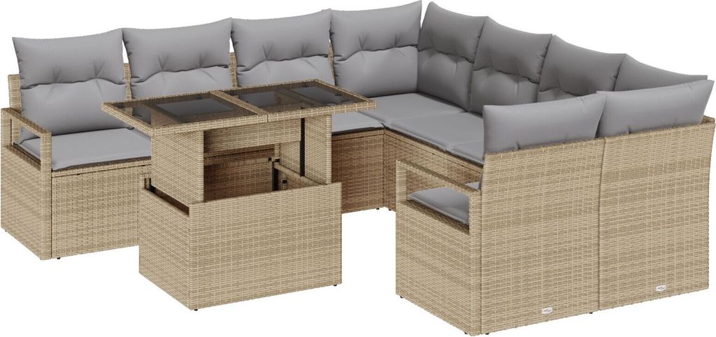 Möbel 9-teiliges Garten Sofa Set mit Kissen in beigem Poly Rattan, 2-Sitzer Garten Sofa mit Stauraum & Kissen in beigem Poly Rattan - Gartensofas ...