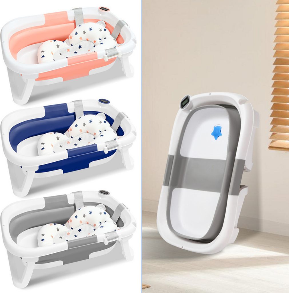 TolleTour Baby Badewanne Babywanne Bathtub Badesitz faltbar mit Thermometer und verstärkten Haltegurten für Babys für 0-6 Jahre Blau