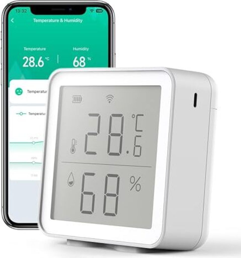 Smart WiFi -Thermometer -Hygrometer, Feuchtigkeitssensor in Innentemperatur, App -Benachrichtigungsalarm, freier Datenspeicherexport, digitaler Fernbe